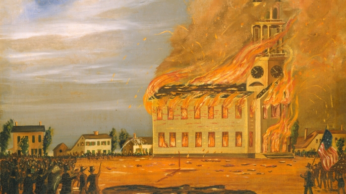 Painting depicting the burning of an Irish Catholic church in Maine. (Credit: National Gallery of Art)
