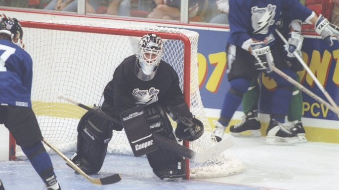 Goaltender Manon Rheaume of the Tampa Bay Lightning in action during a game. (Credit: Scott Halleran/Allsport)