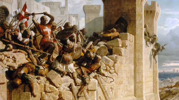 Painting depicting Guillaume de Clermont defending the walls at the Siege of Acre, 1291.