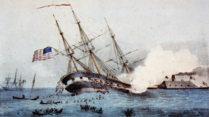 The sinking of the Cumberland by CSS Virginia.