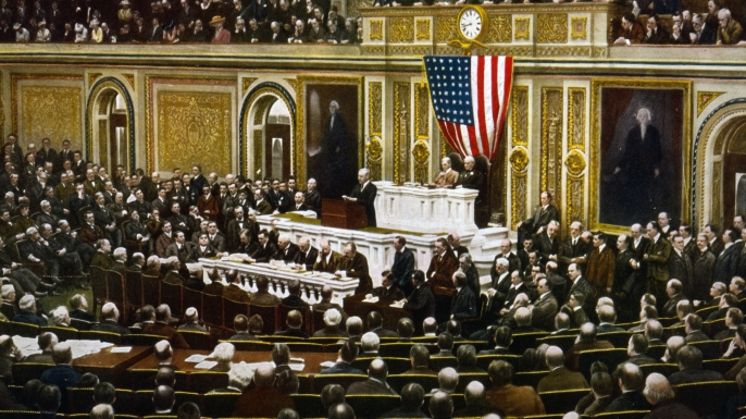 Woodrow Wilson asking Congress to declare war on Germany.