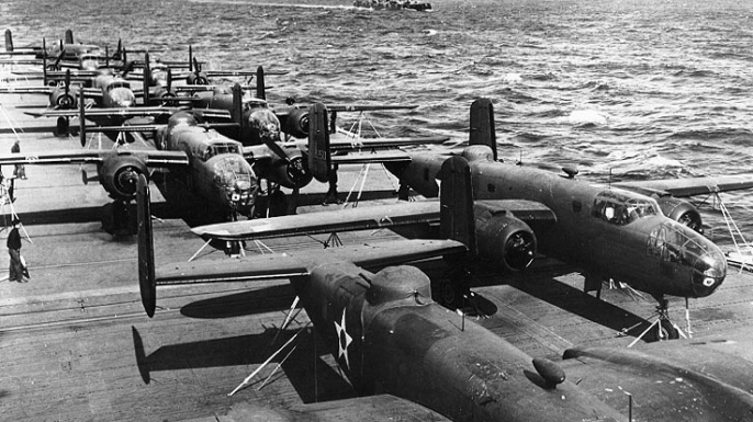 B-25 bombers on the deck of USS Hornet before the Doolittle Raid.