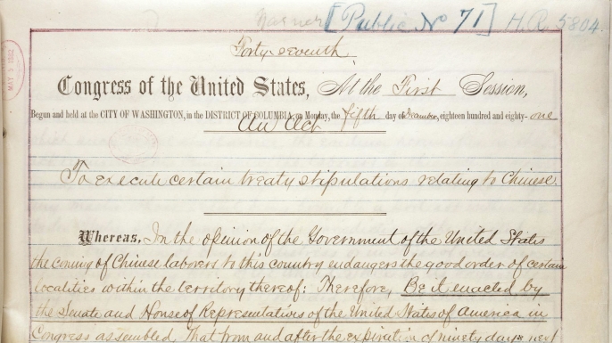 First page of the US Chinese Exclusion Act. (Credit: Public Domain)