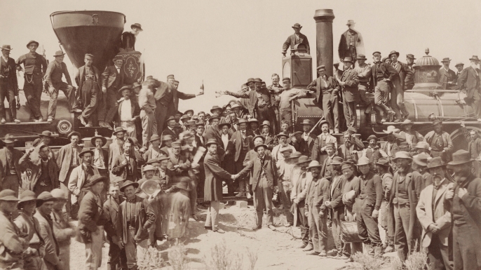 The ceremony for the driving of the golden spike at Promontory Summit, Utah on May 10, 1869. (Credit: Public Domain)