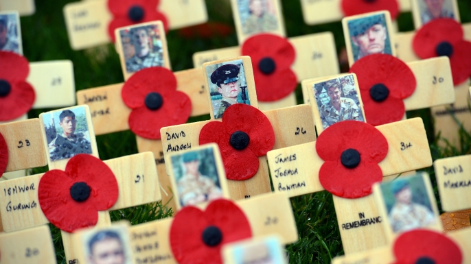Wooden crosses bearing pictures of fallen servicemen and women and poppy flowers are planted in a memorial field at Saltwell Park in Gateshead, north-east England, on October 29, 2012 ahead of Remembrance Day (Armistice Day) on November 11. AFP PHOTO/PAUL ELLIS