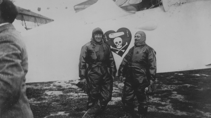 Charles Nungesser and Francois Coli standing in front of 'L'Oiseau Blanc' in France. (Credit: Central Press/Getty Images)