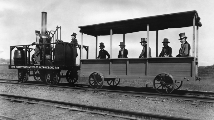 The "Tom Thumb," constructed by Peter Cooper in 1829, was the first locomotive to be built in America. (Credit: George Rinhart/Getty Images)