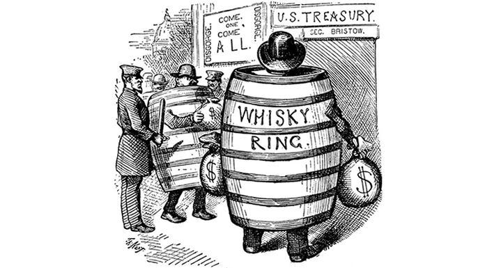 A political cartoon on the Whiskey Ring scandal by artist Thomas Nast. (Credit: Bettmann/Getty Images)
