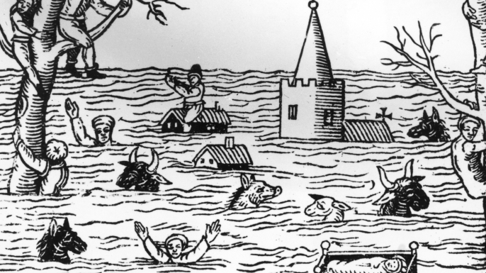 Devastation in 'Summerset-shire' and 'Norfolke' during the Bristol Channel flood of 1607. Around 2000 people are thought to have died in the inundation, which may have been the result of a tsunami. (Credit: Hulton Archive/Getty Images)