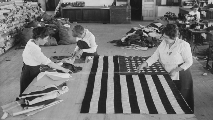 Women making American flags at the Brooklyn Navy Yard, 1917.