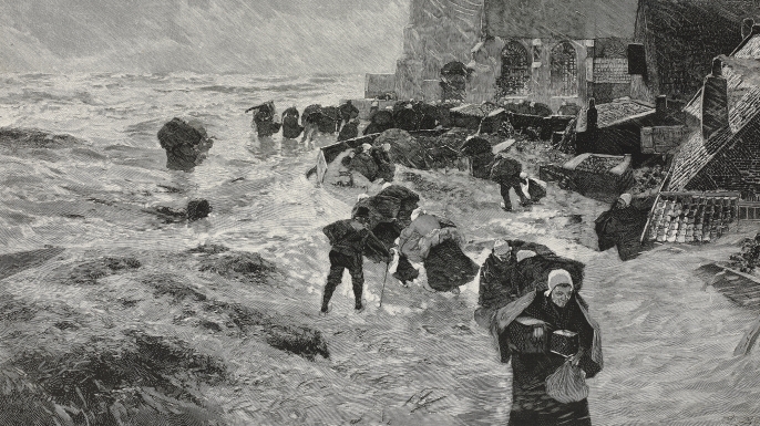 A flooded village in the Netherlands, painting by Hans von Bartels (1856-1913), woodcut by Richard Bong (1853-1935). (Credit:De Agostini /Biblioteca Ambrosiana/Getty Images)