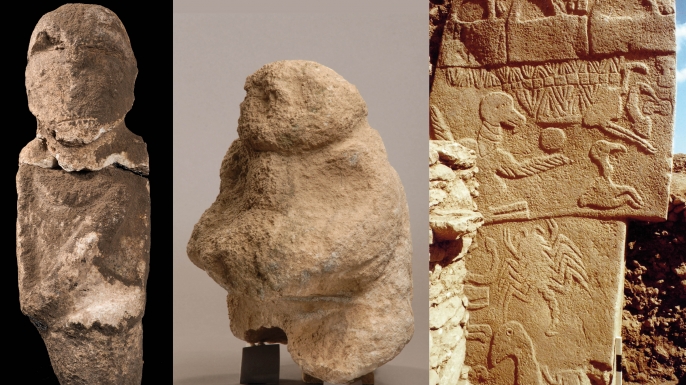 Anthropomorphic depictions from Göbekli Tepe. (A) Intentionally decapitated human statue; (B) The gift bearer holds in his hands a human head; (C) Pillar 43 with low relief of an ithyphallic headless individual. (Credit: Dieter Johannes, Klaus Schmidt and Nico Becker/Göbekli Tepe Archive/German Archaeological Institute, DAI)