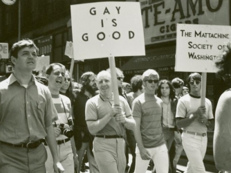 Frank Kameny and Mattachine Society of Washington members marching in 1st Christopher St Liberation Day Parade in NYC, 1970. (Credit: NYPL)