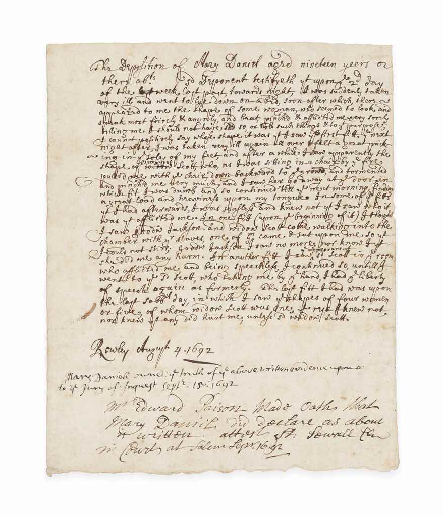 The deposition of Mary Daniel against Margaret Scott, auctioned by Christie's in June 2017.