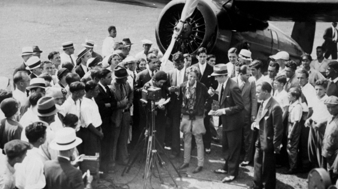 Amelia Earhart as she arrived at Newark Airport after setting the record for non-stop flight for women. (Credit: Joe Petrella/NY Daily News Archive via Getty Images)