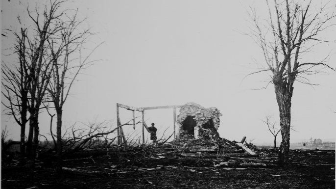 Solitary figure standing amidst ruins of the Henry House, destroyed by Union artillery during Battle of First Manassas, also known as the First Battle of Bull Run. (Credit: Mathew B. Brady/National Archives/The LIFE Picture Collection/Getty Images)