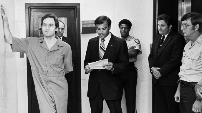 Theodore (Ted) Bundy in Leon County jail as the indictment charge is read, charging him with the murders of two FSU students at the Chi Omega house. (Credit: Bettmann/Getty Images)