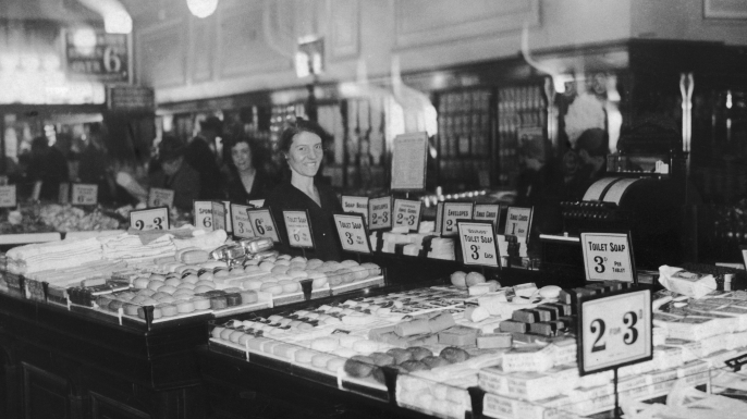 The toiletries department in a Woolworths store, 1928. (Credit: General Photographic AgencyHulton Archive/Getty Images)
