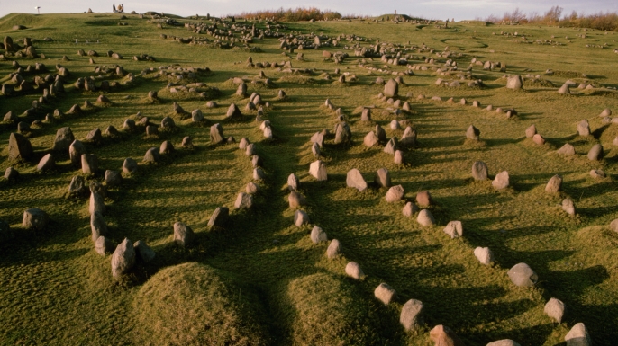 Largest burial site in Scandinavia has over 600 graves dating back to the Germanic Iron Age and the Viking period. Each circle of stones designates a burial site for man who had merit in the community. North of Alborg, Denmark. (Credit: Ted Spiegel/Getty Images)
