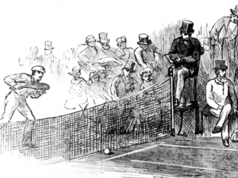 The final round of a tennis match at Wimbledon, 1879. An engraving by Swain. (Credit: Hulton Archive/Getty Images)
