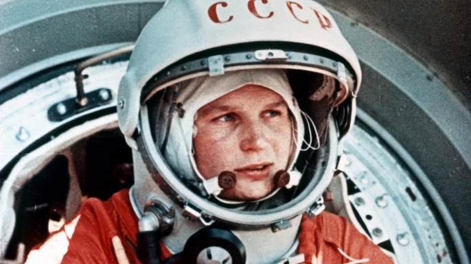 Valentina Tereshkova, the first woman in space, in front of the Vostok capsule, 1963. (Credit: Sovfoto/UIG via Getty Images)