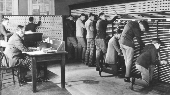 The first group of teenage boy operators operators teenage boys, 1877. (Credit: The Telecommunications History Group)