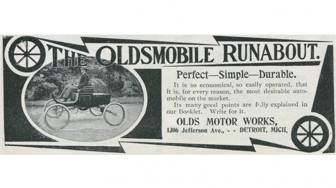 Advertisement for the Oldsmobile Runabout by the Olds Motor Works in Detroit, Michigan, 1901. (Credit: Jay Paull/Getty Images)
