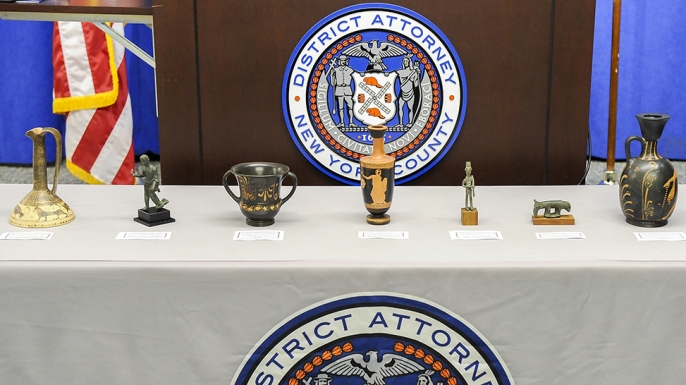 Seven stolen ancient artifacts that were recovered by authorities, at the Manhattan District Attorney's Office, before heading back to their homeland in Italy after authorities said they tracked down the stolen items in New York City. (Credit: Laura J. Badger/Manhattan District Attorney's Office via AP)