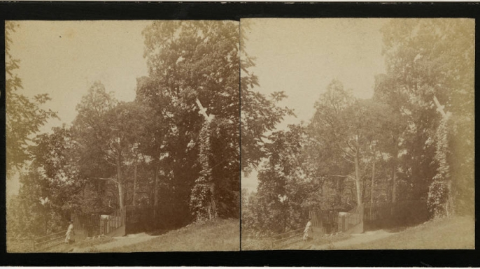View of the old tomb at Mount Vernon, as a visitor ascends the stairs into the vault, circa 1865. (Credit: The Washington Library)