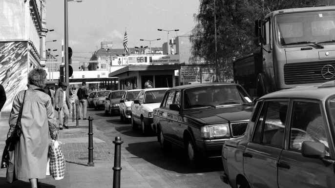 Checkpoint Charlie, the crossing point between West Berlin and East Berlin, April 1990. (Credit: Viollet/Getty Images)