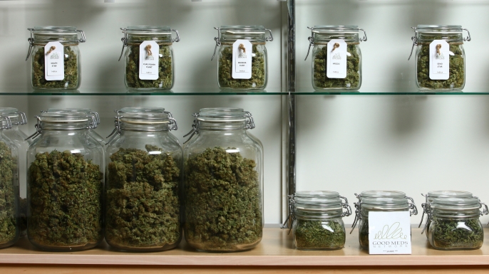 Jars of medical cannabis inside a Good Meds medical cannabis center in Lakewood, Colorado. (Credit: Matthew Staver/For The Washington Post via Getty Images)