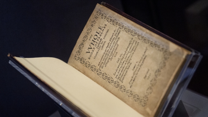 A printing of the Bay Psalm Book owned by David Rubenstein on display at the Library of Congress Jefferson Building. (Credit: Tom Williams/CQ Roll Call)