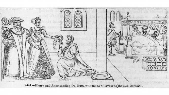 King Henry VIII and Queen Anne Boleyn sending court physician Dr Butts with a token of favour to Cardinal Wolsey, who is ill in bed. (Credit: Hulton Archive/Getty Images)