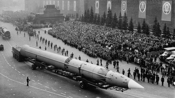 Ballistic missiles during a military parade in Red Square, Moscow 1960s. (Credit: Sovfoto/UIG via Getty Images)