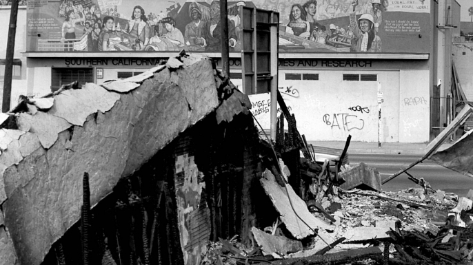 The Southern California Library in 1992 after the civil unrest, when everything around it burned down. (Courtesy of the Southern California Library)