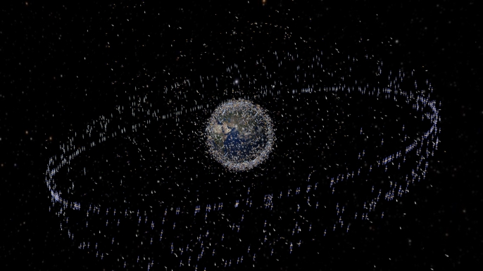 An artist impression of orbital debris based on actual density data. However, the debris objects are shown at an exaggerated size to make them visible at the scale shown. (Credit: NASA)