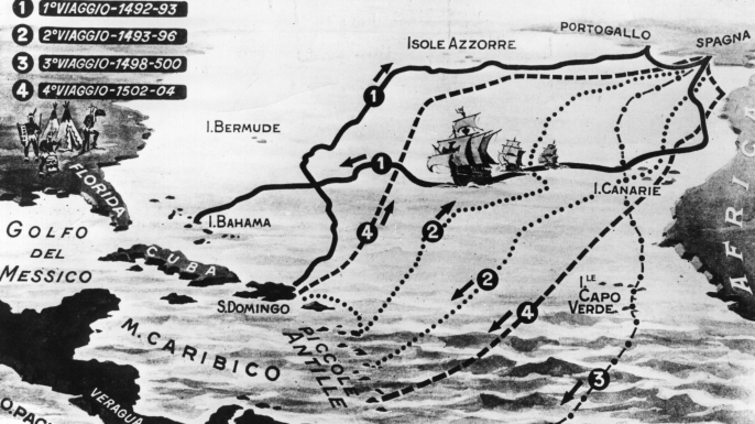Circa 1510, A map of the four voyages of the Italian navigator, Christopher Columbus. (Credit: Hulton Archive/Getty Images)