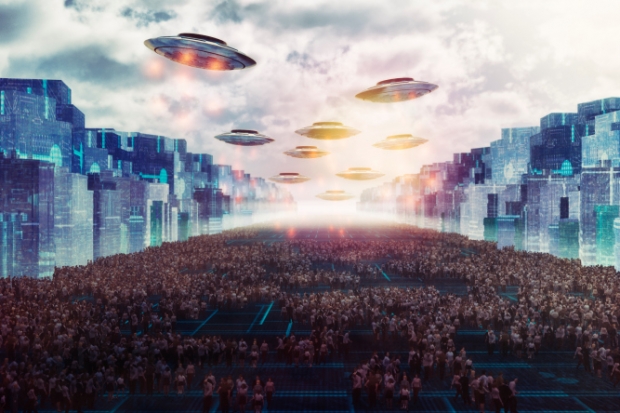 A rendition of an alien UFO attack on Earth.