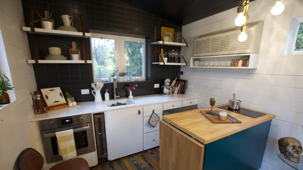 a miniature wine cooler and collapsable island fit perfectly in the tiny house kitchen - Tiny House Kitchen a miniature wine cooler and collapsable island fit perfectly in the tiny house kitchen - Tiny House Kitchen