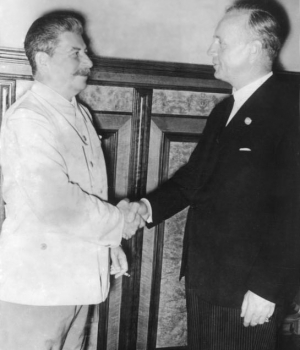 Stalin and Ribbentrop at signing of nonaggression pact