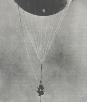 Japanese fire balloon reinflated at Moffett Field, California, after it had been shot down by a Navy aircraft January 10, 1945.