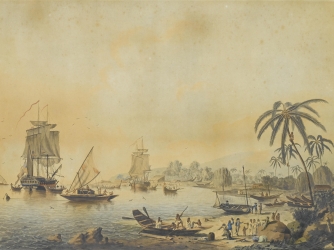 Painting showing Cook’s ships Resolution and Adventure in Tahiti.
