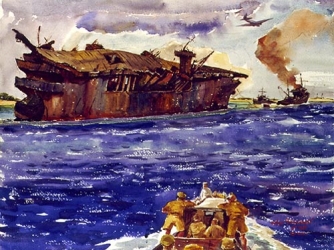 Painting of USS Independence being towed to shallow waters during the Operation Crossroads tests. (Credit: Naval History and Heritage Command)
