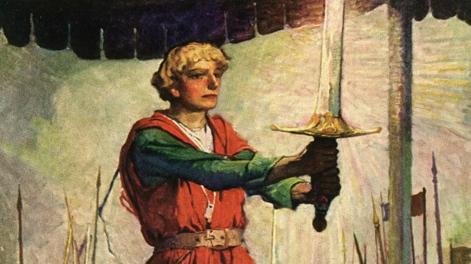Illustration of King Arthur and Excalibur.