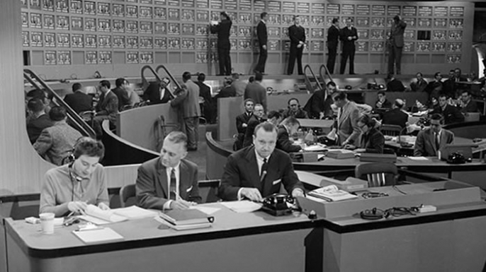 Walter Cronkite and the CBS' News team inside their Grand Central studio.