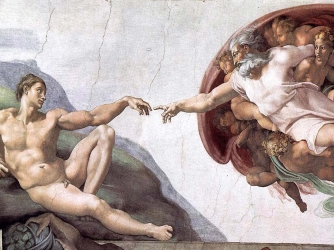 The Sistine Chapel ceiling’s most famous panel, entitled “The Creation of Adam.”