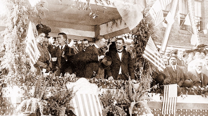 Washington and Theodore Roosevelt at Tuskegee Institute, 1905.