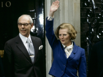 Newly elected Prime Minister Margaret Thatcher arrives at Downing Street with husband Denis Thatcher. (Credit: Tim Graham/Getty Images)