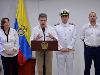 Colombia's President Juan Manuel Santos during a press conference announcing the discovery of the remains of the galleon San Jose. (Credit: Colombian Ministry of Culture)