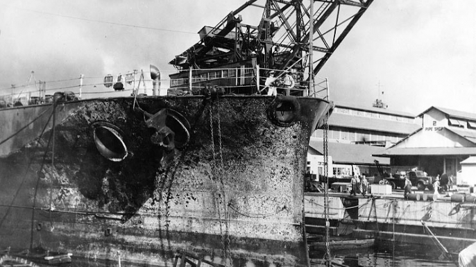 Damage to USS Pennsylvania following the attack. (Credit: U.S. Naval Historical Center)